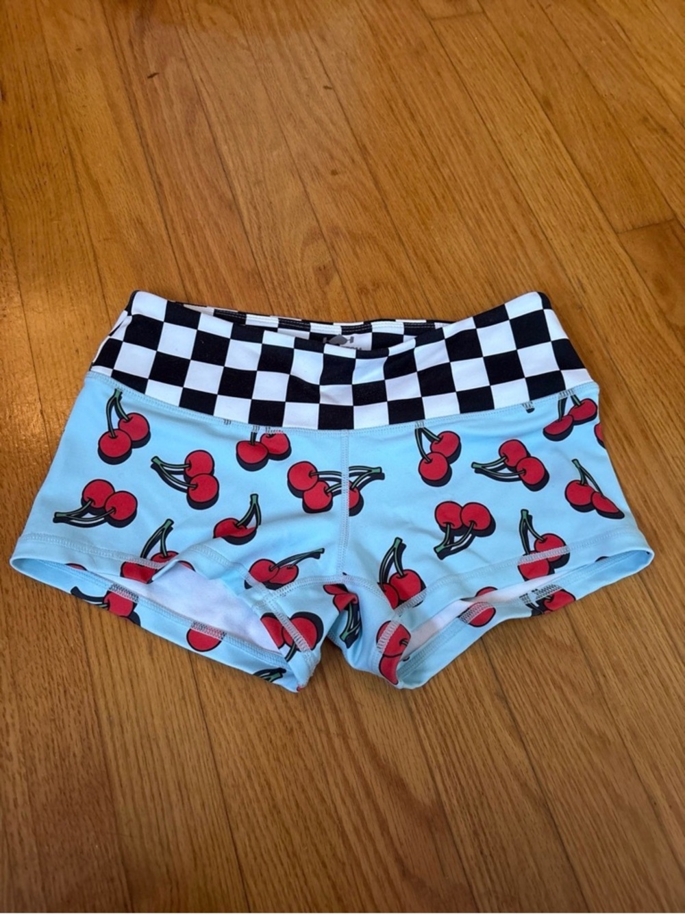 WODBOTTOM Cherry Print Blue Athletic Shorts with Checkered Waistband